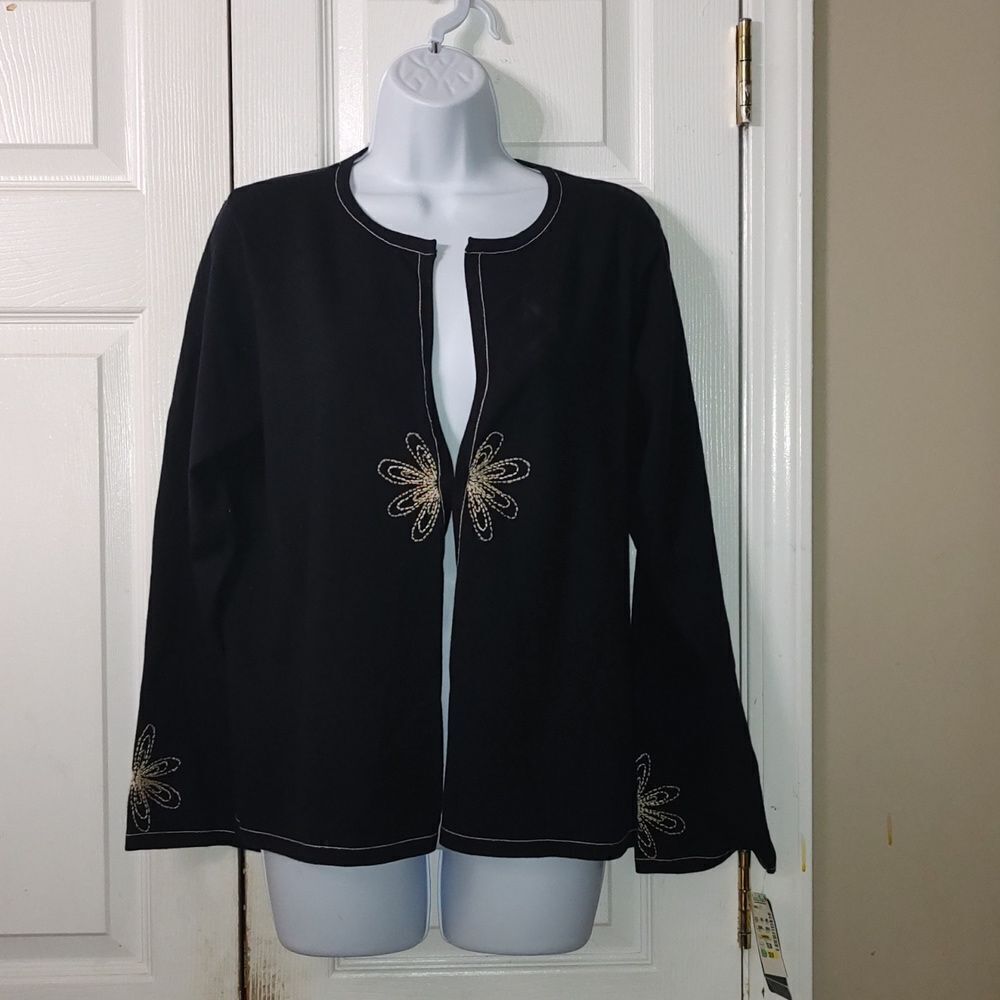 Obee Silk black beige cardigan embroidered cardigan business casual  Sz L NWT